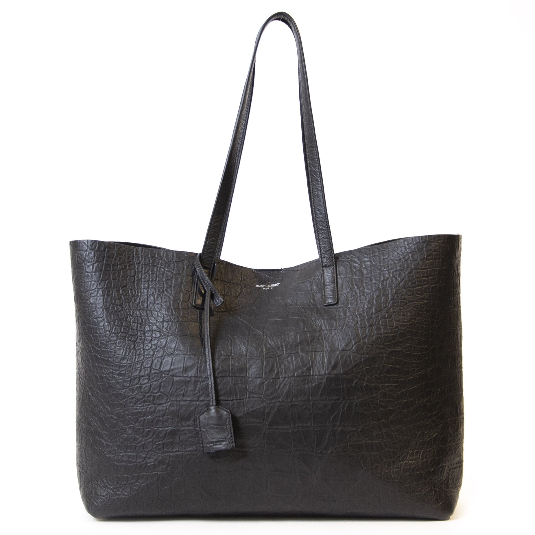 Authentieke Tweedehands Yves Saint Laurent Black Croco Shopping Tote Bag juiste prijs veilig online shoppen luxe merken webshop winkelen Antwerpen België mode fashion
