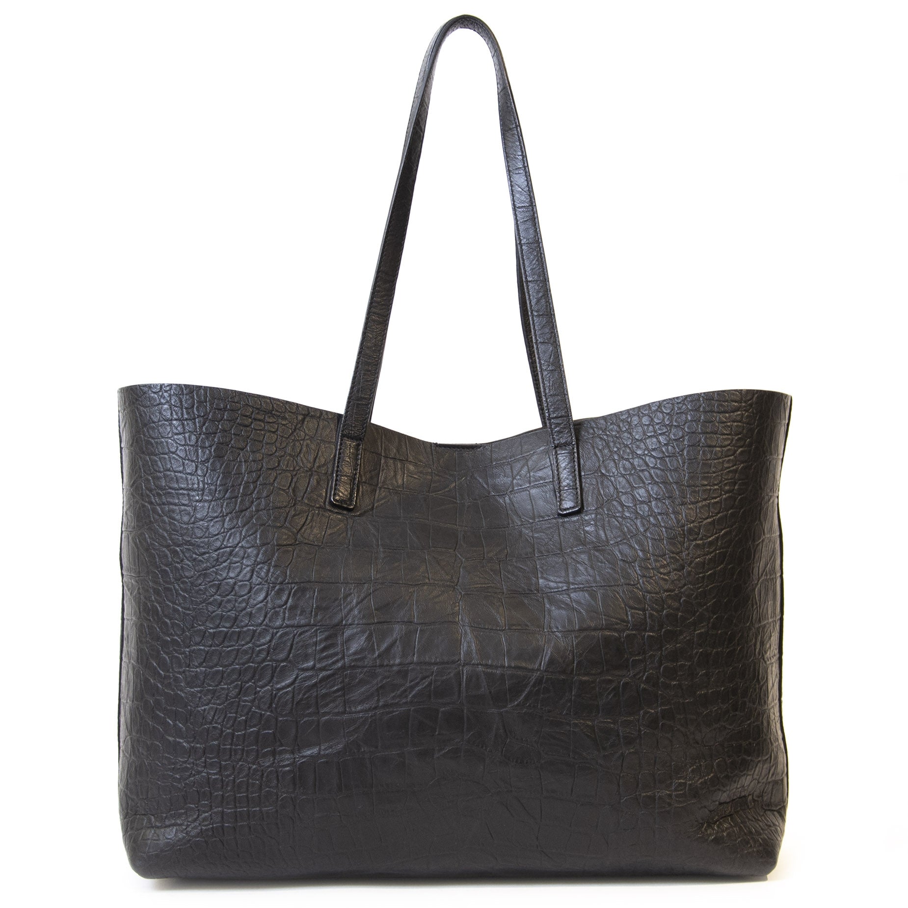 Authentieke Tweedehands Yves Saint Laurent Black Croco Shopping Tote Bag juiste prijs veilig online shoppen luxe merken webshop winkelen Antwerpen België mode fashion