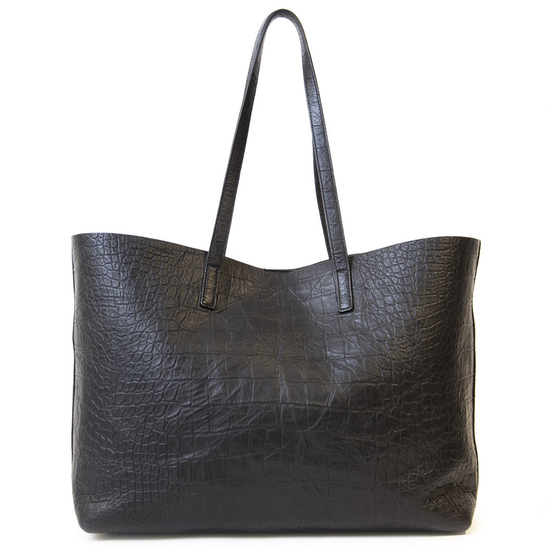 Authentieke Tweedehands Yves Saint Laurent Black Croco Shopping Tote Bag juiste prijs veilig online shoppen luxe merken webshop winkelen Antwerpen België mode fashion