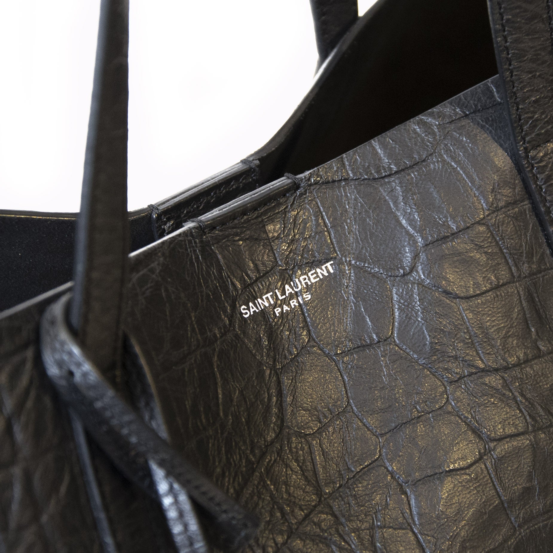 Authentieke Tweedehands Yves Saint Laurent Black Croco Shopping Tote Bag juiste prijs veilig online shoppen luxe merken webshop winkelen Antwerpen België mode fashion