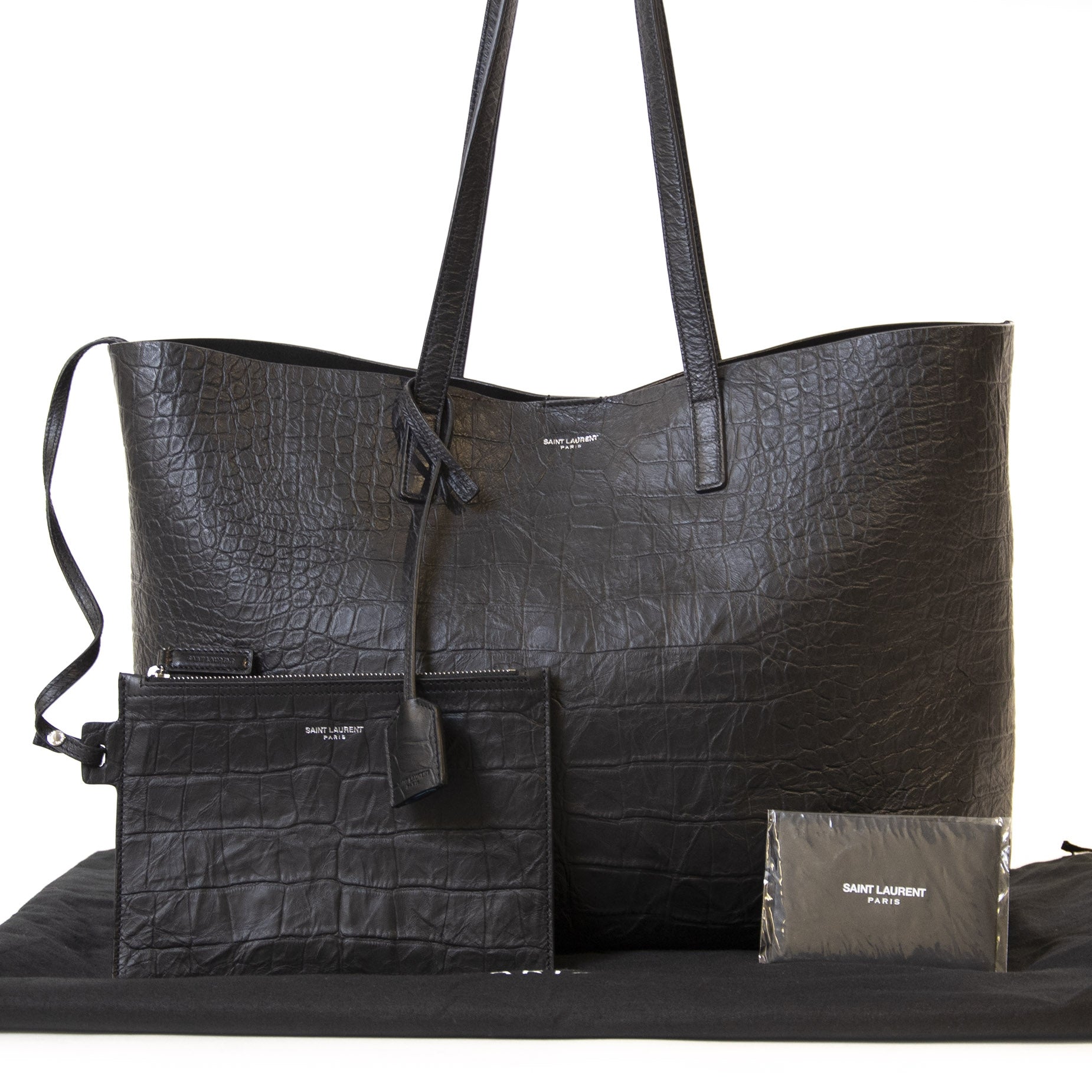 Authentieke Tweedehands Yves Saint Laurent Black Croco Shopping Tote Bag juiste prijs veilig online shoppen luxe merken webshop winkelen Antwerpen België mode fashion