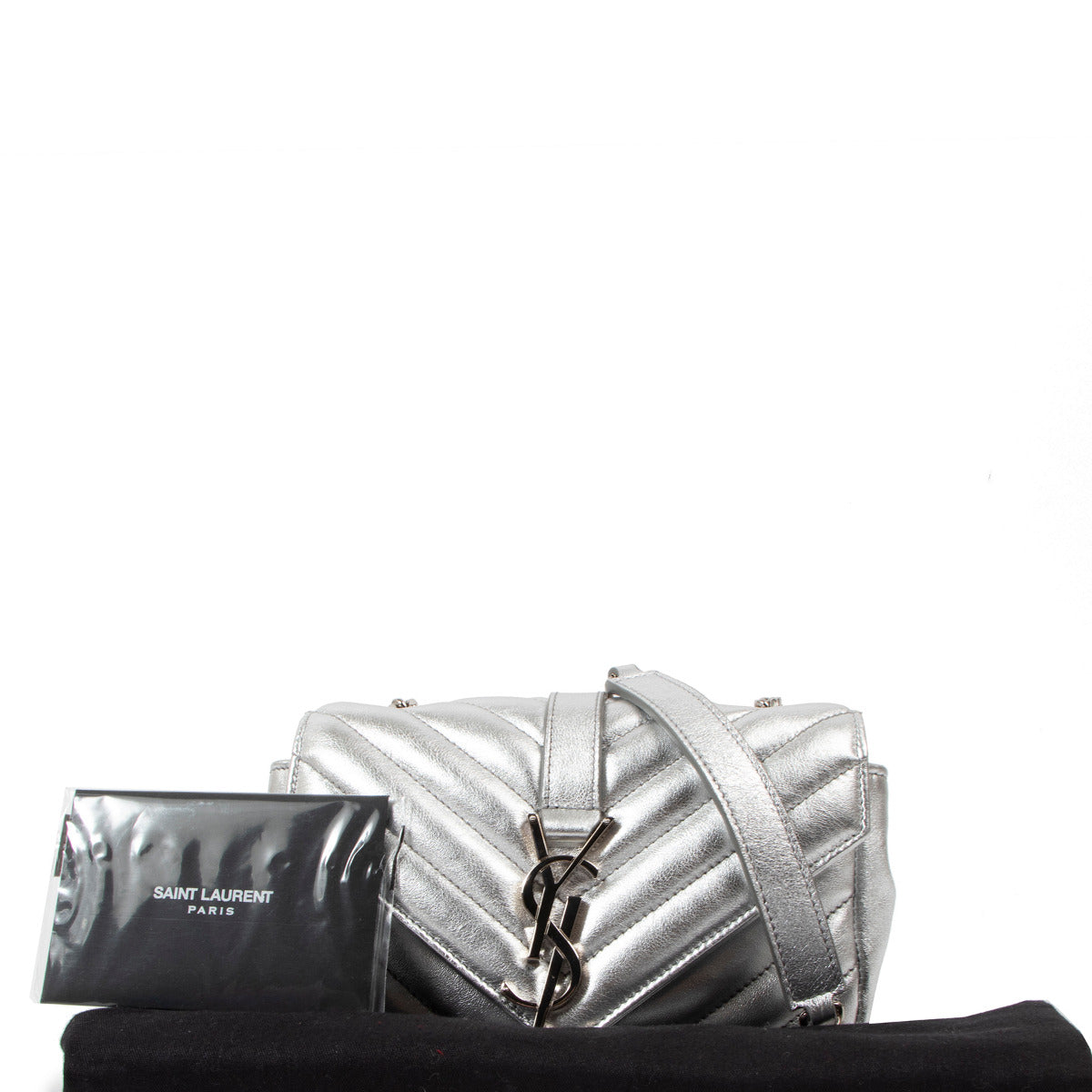 Saint Laurent Silver Metallic Mini College Wallet on Chain Crossbody Bag