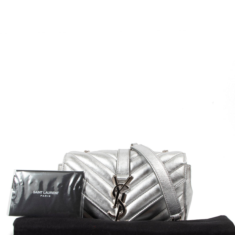 Saint Laurent Silver Metallic Mini College Wallet on Chain Crossbody Bag