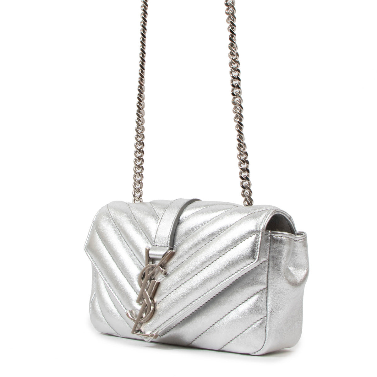 Saint Laurent Zilver Metallic Mini College Portemonnee op Ketting Crossbody Tas