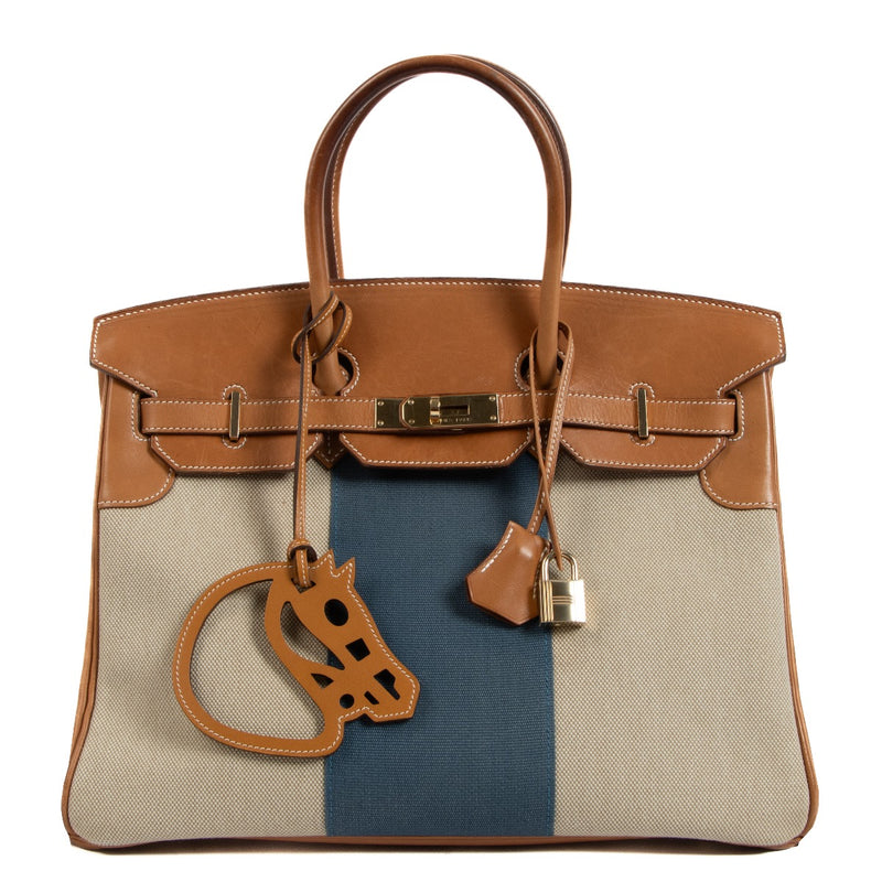 Hermès Birkin 35 Flag Toile H Surteinte/Galon/Barenia Ficelle/Bleu d'Ascain/Fauve Permabrass Hardware
