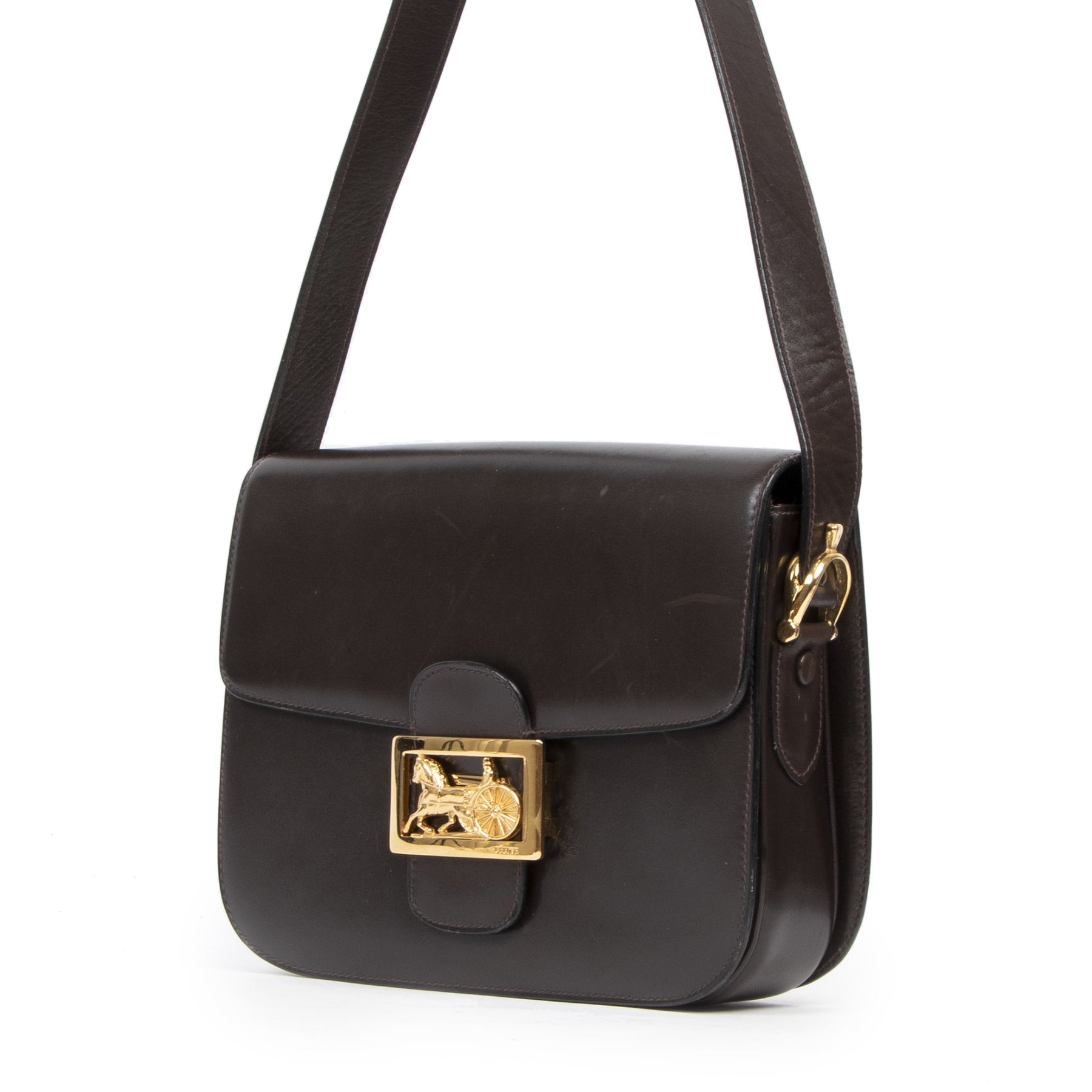 Authentieke Tweedehands Celine Brown Carriage Shoulder Bag designer tassen juiste prijs veilig online shoppen luxe merken webshop winkelen Antwerpen België mode fashion