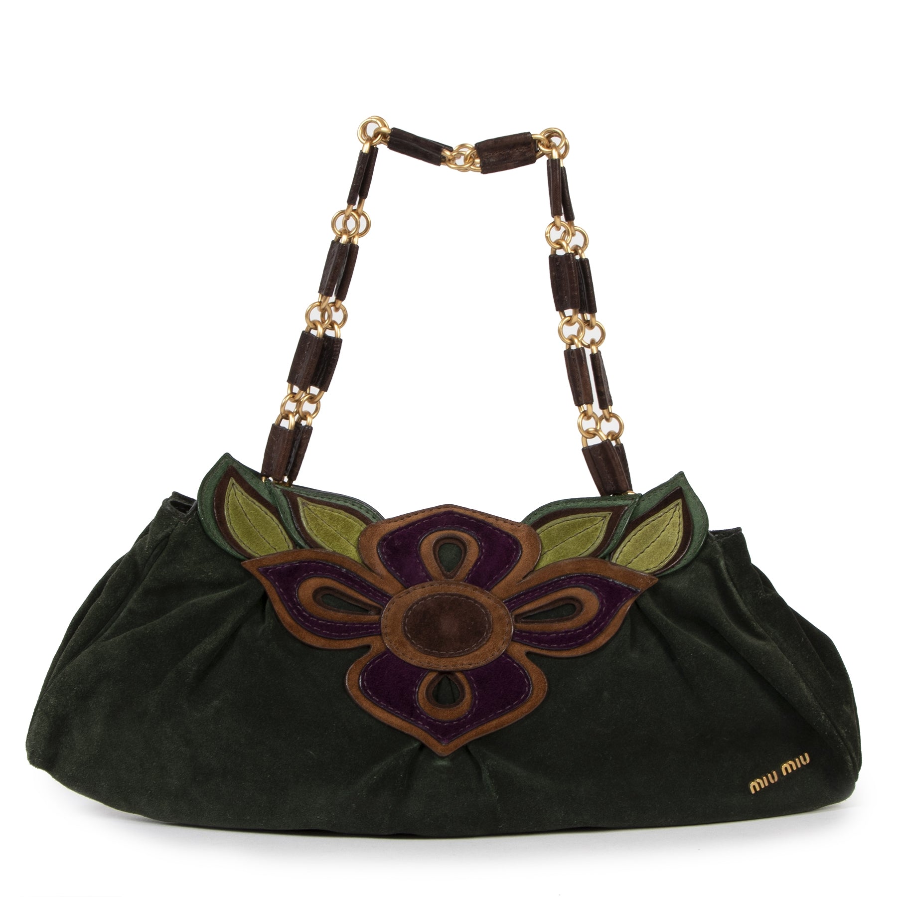 Authentic second-hand vintage Miu Miu Green Suede Flower Shoulder Bag buy online webshop LabelLOV