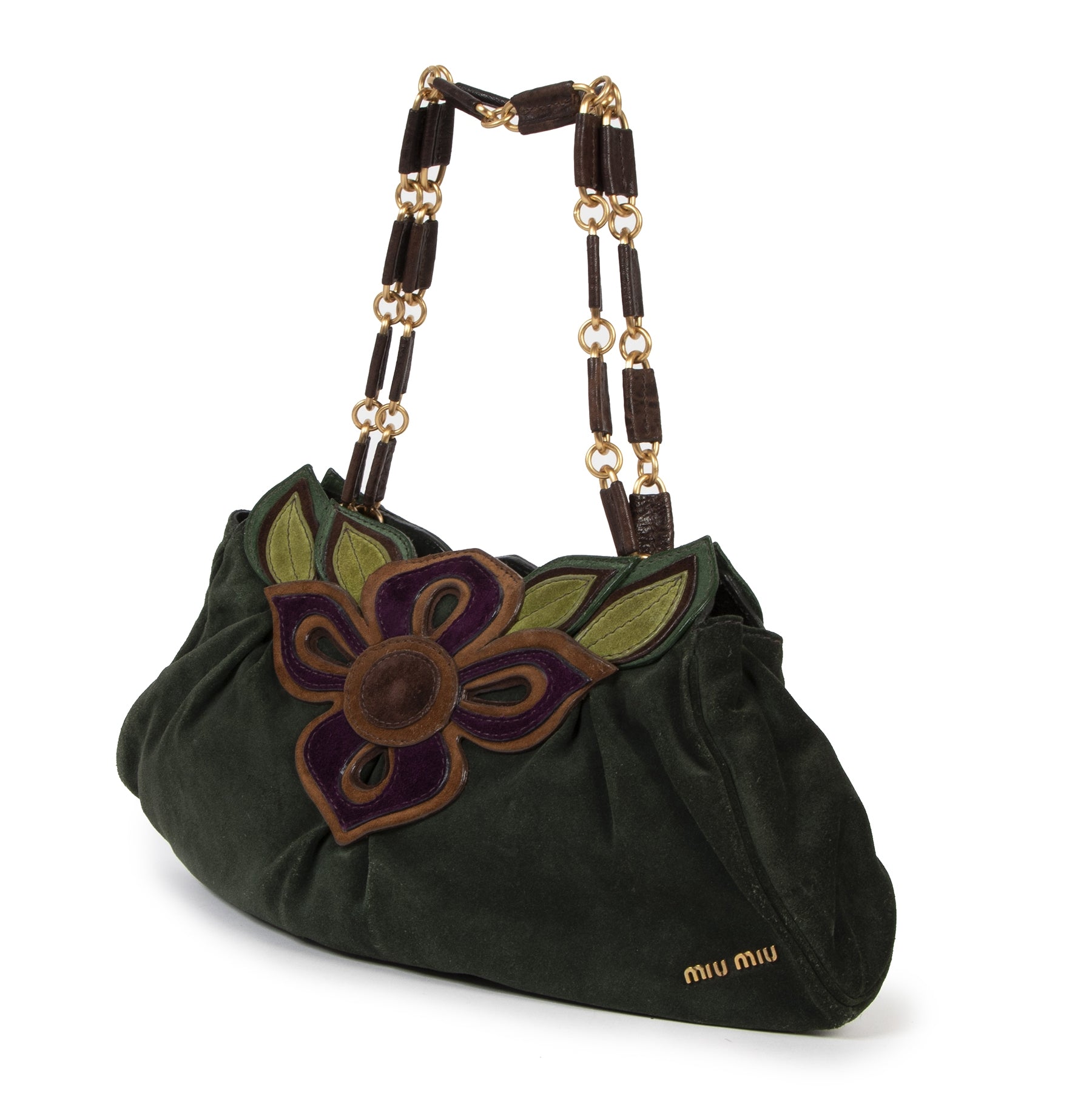 Authentieke tweedehands vintage Miu Miu Green Suede Flower Shoulder Bag koop online webshop LabelLOV