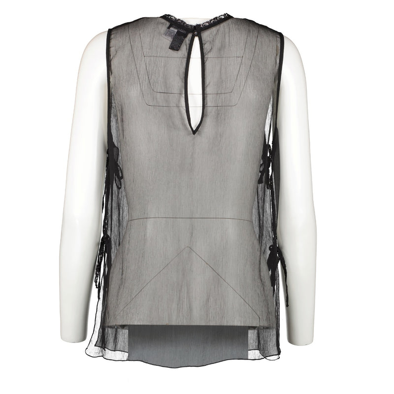 authentic second hand Chanel Spring 2008 Black Sheer Silk Lace Sleeveless Top at labellov