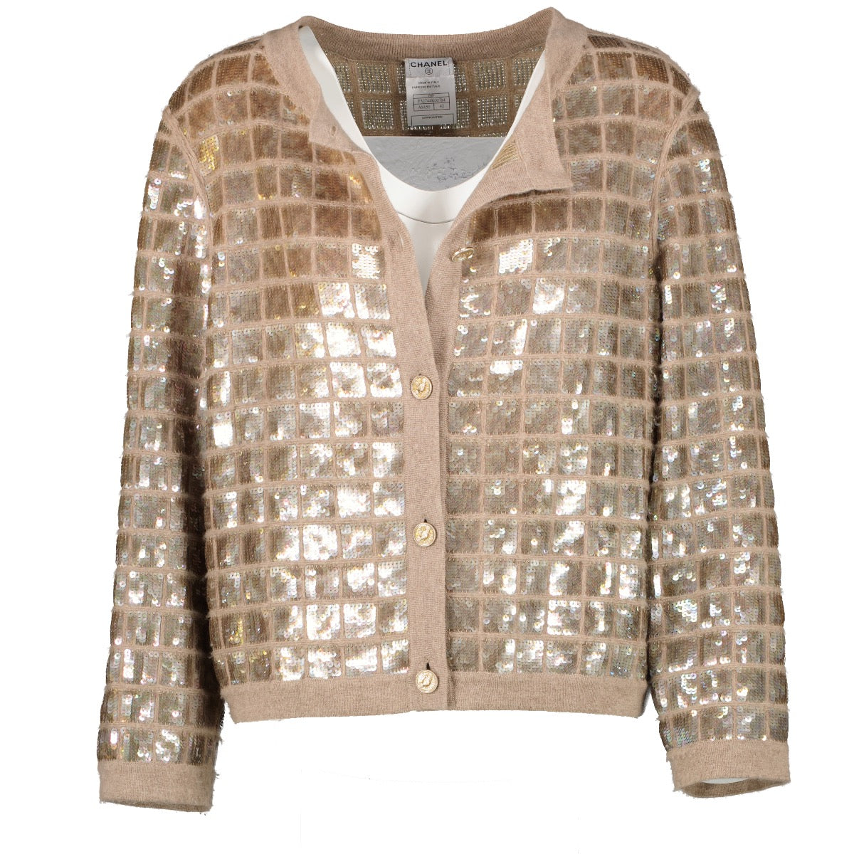 Shop safe online at Labellov in Antwerp this 100% authentic second hand Chanel Spring 2008 Gold Sequin Cashmere Cardigan - Size FR42