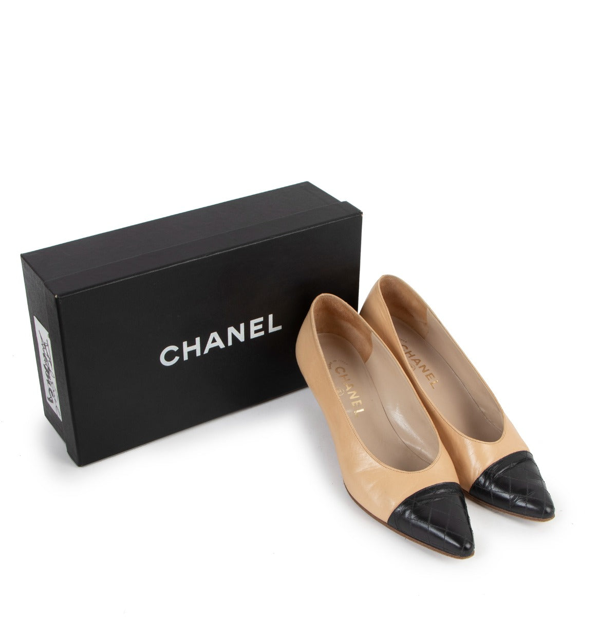 Chanel Beige Quilted Black Toe Vintage Pumps