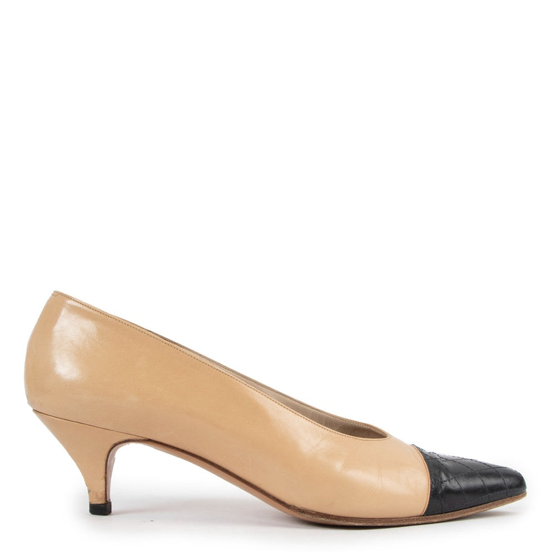 Chanel Beige Quilted Black Toe Vintage Pumps