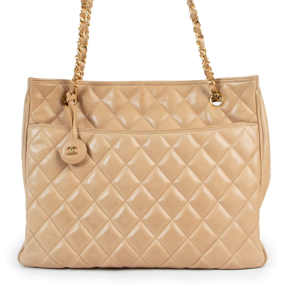 Chanel Vintage Beige Quilted Lambskin CC Charm Tote Bag