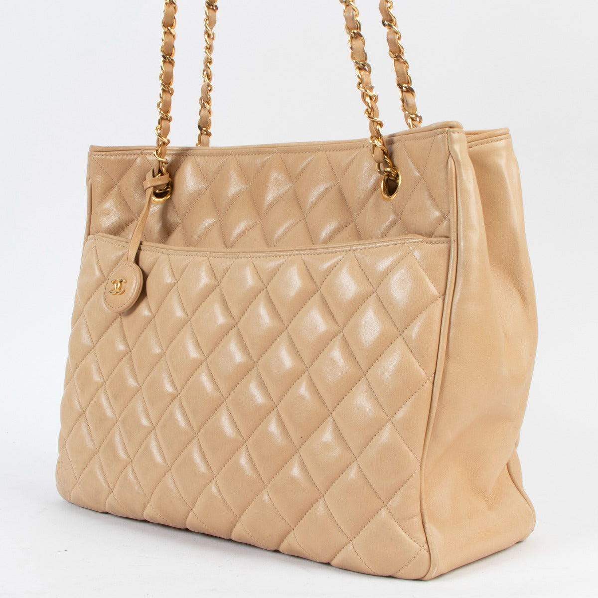 Chanel Vintage Beige Quilted Lambskin CC Charm Tote Bag