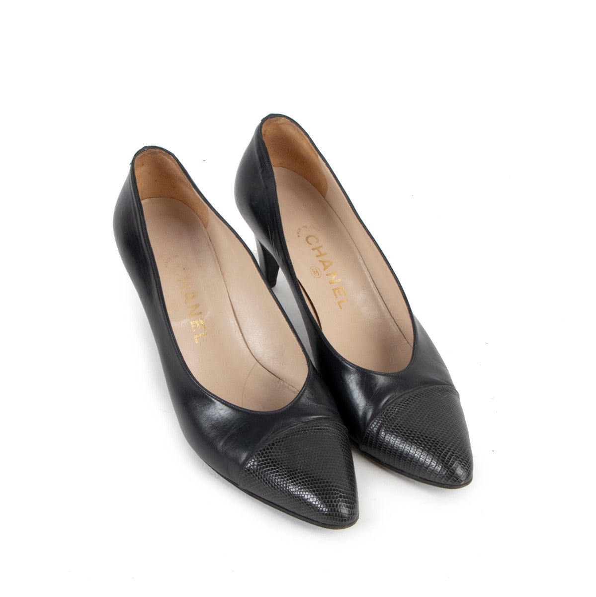 Chanel Zwart Leren Pumps Met Hagedissenafwerking - Maat 38,5