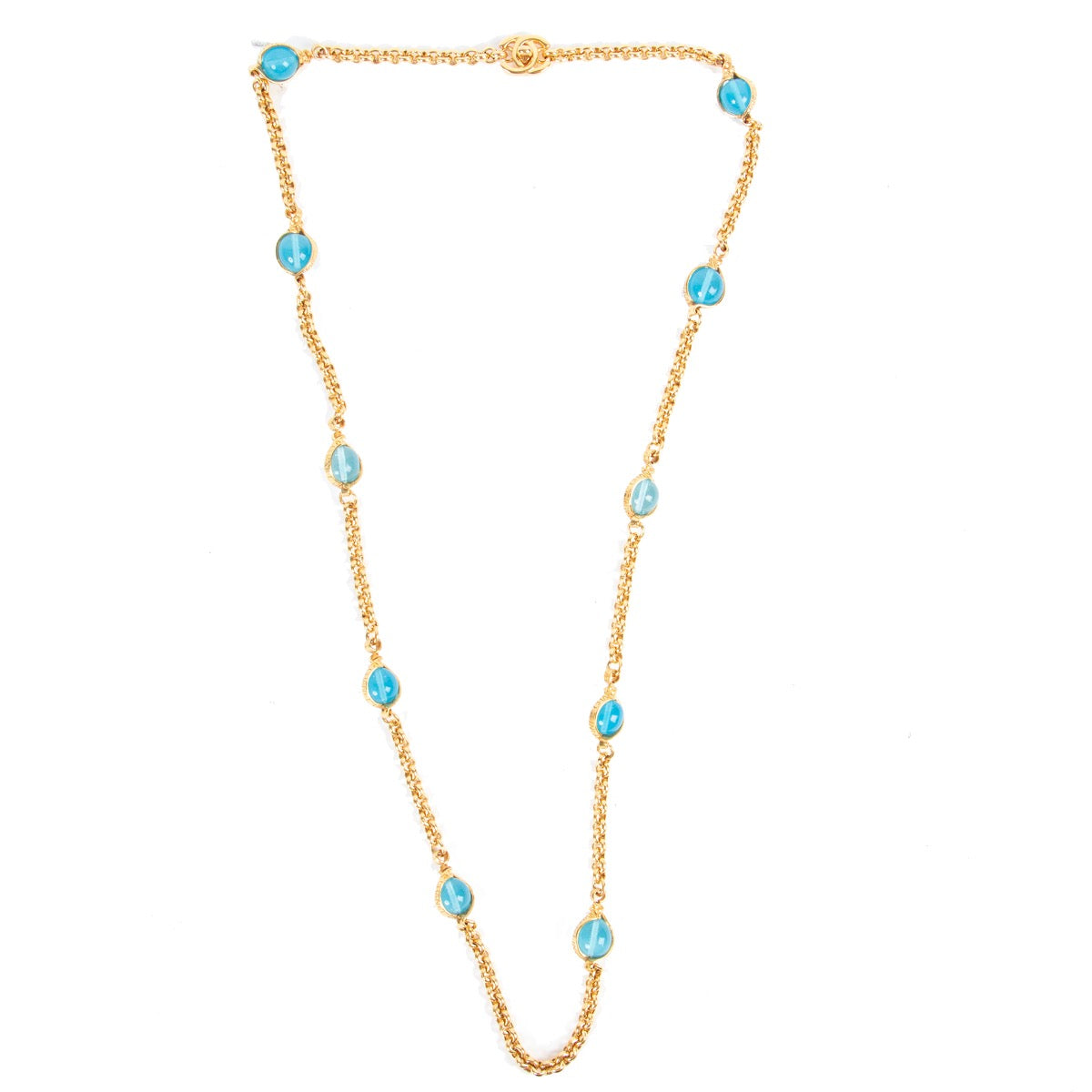 Authenitc second hand Vintage archive Chanel Spring 1996 Blue Bead Gold Chain Long Necklace at Labellov