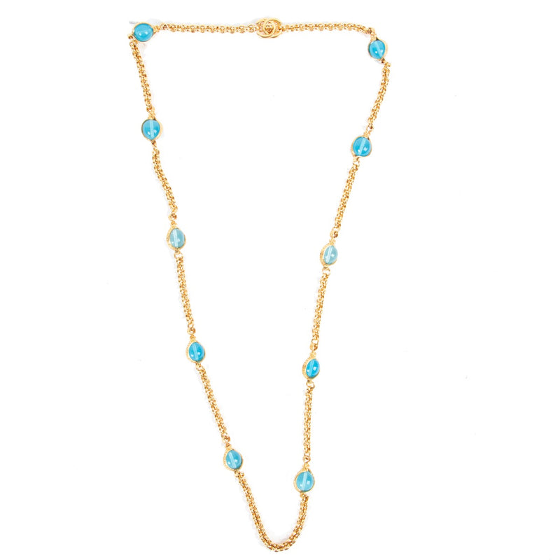 Authenitc second hand Vintage archive Chanel Spring 1996 Blue Bead Gold Chain Long Necklace at Labellov