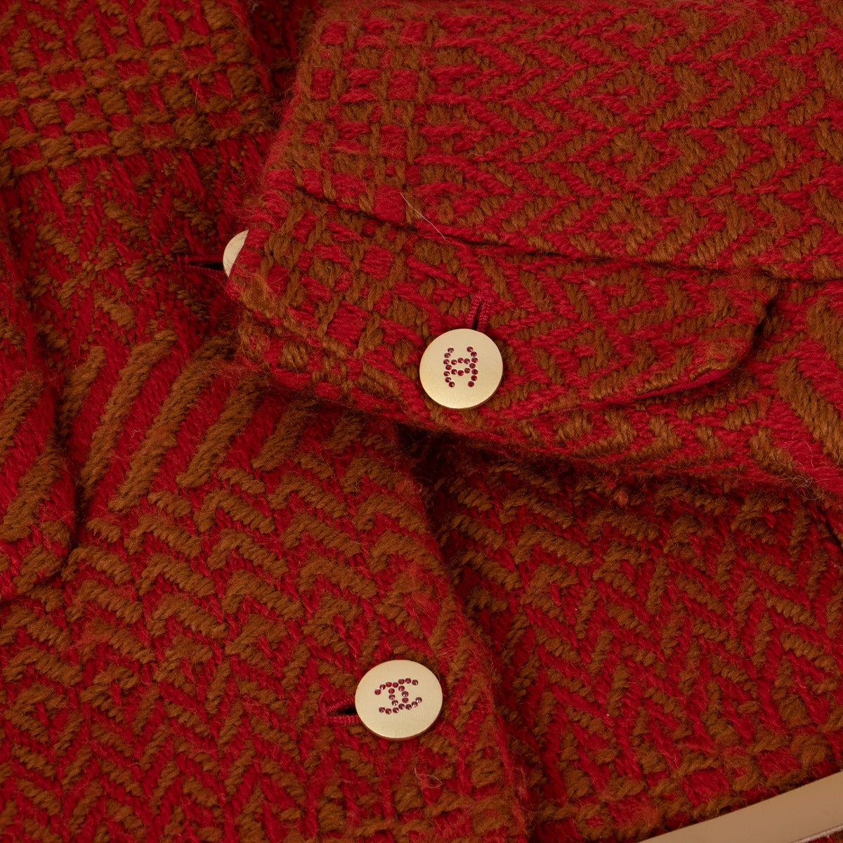 Chanel Herfst 2000 Rood/Beige Gevoerde Chevron Tweed Jasje - Maat FR40