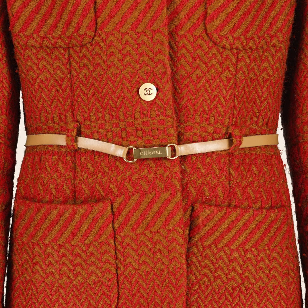 Chanel Herfst 2000 Rood/Beige Gevoerde Chevron Tweed Jasje - Maat FR40