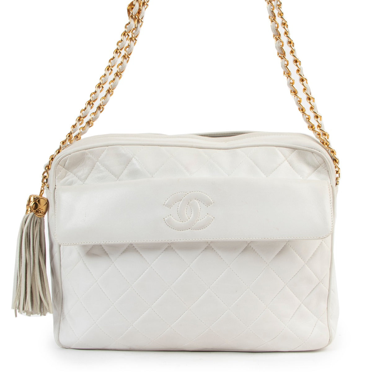 Chanel Vintage White Quilted Lambskin CC Tassel Camera Bag