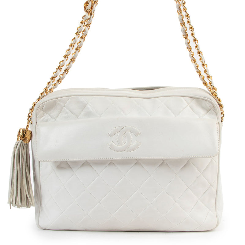 Chanel Vintage White Quilted Lambskin CC Tassel Camera Bag