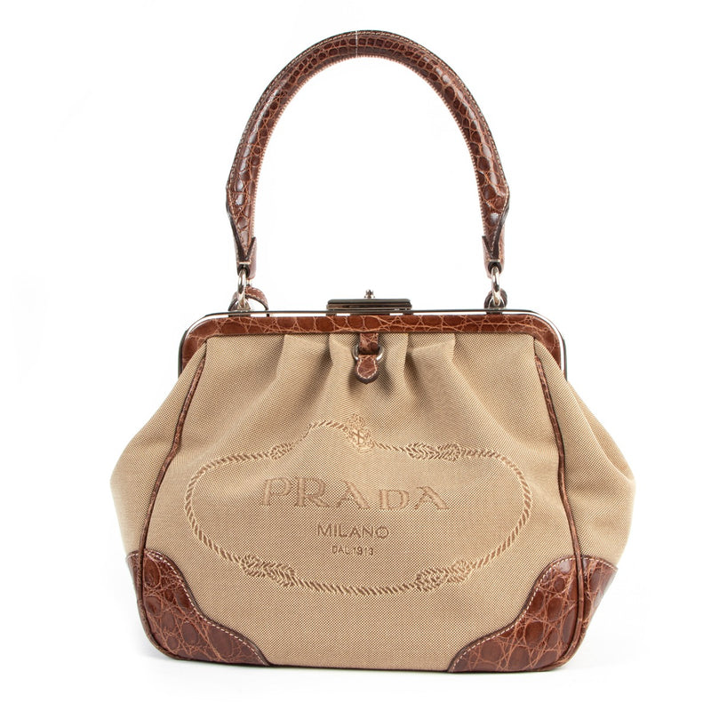 Prada Jacquard Canapa Logo Crocodile-Embossed Frame Bag