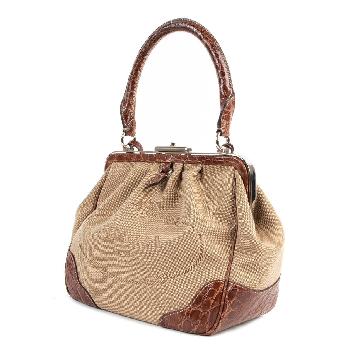 Prada Jacquard Canapa Logo Crocodile-Embossed Frame Bag