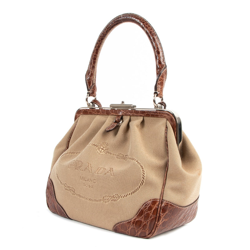 Prada Jacquard Canapa Logo Crocodile-Embossed Frame Bag