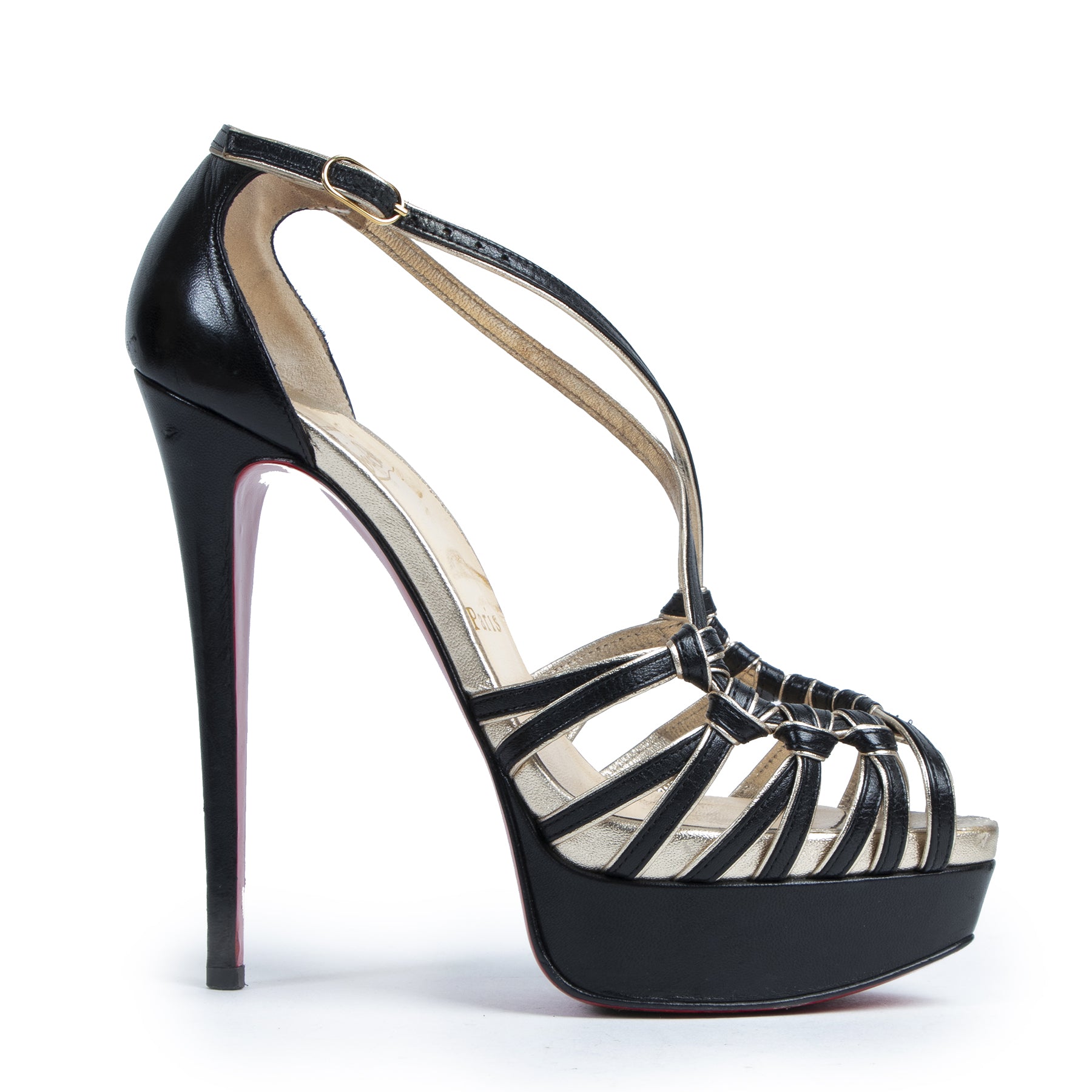 Authentieke Tweedehands Christian Louboutin Black & Gold Peeptoe Pumps - Size 37,5 juiste prijs veilig online shoppen luxe merken webshop winkelen Antwerpen België mode fashion