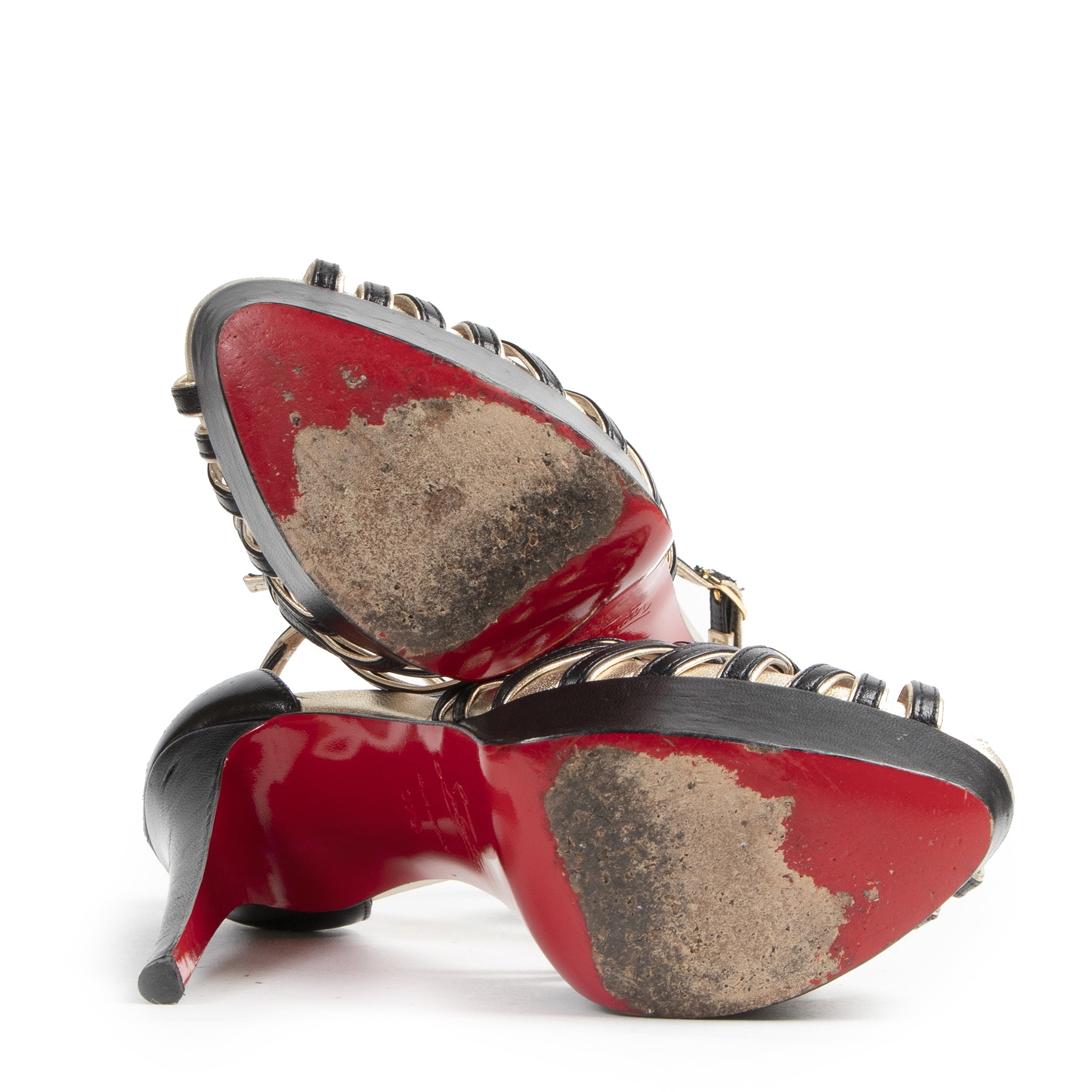Authentic secondhand Christian Louboutin Black & Gold Peeptoe Pumps - Size 37,5 designer shoes fashion luxury vintage webshop safe secure online shopping