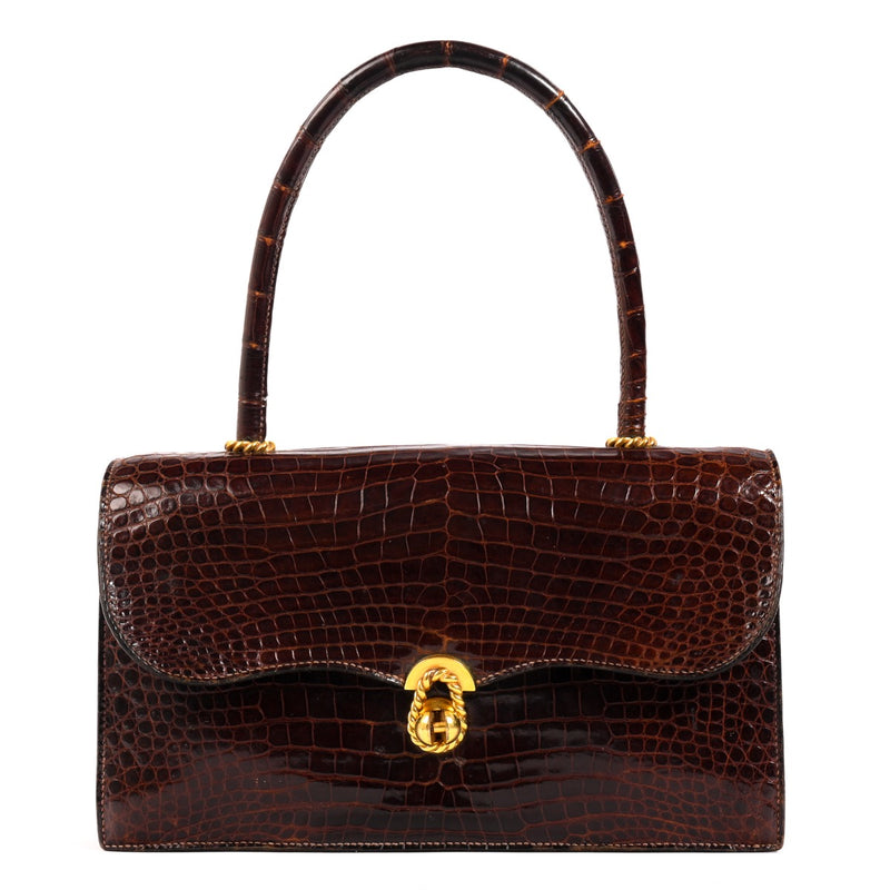 Buy an authentic second hand Hermès Vintage Brown Crocodile Cordelière Clasp Handbag in very good condition at Labellov.com