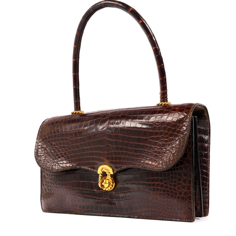 Buy an authentic second hand Hermès Vintage Brown Crocodile Cordelière Clasp Handbag in very good condition at Labellov.com
