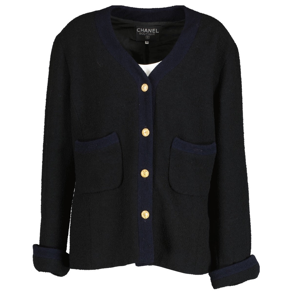 Chanel Vintage Black/Blue Tweed Jacket - Size 44