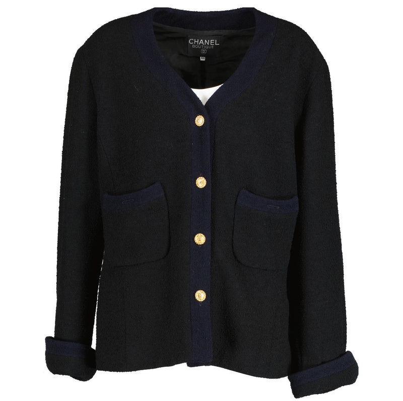 Chanel Vintage Zwart/Blauw Tweed Jasje - Maat 44