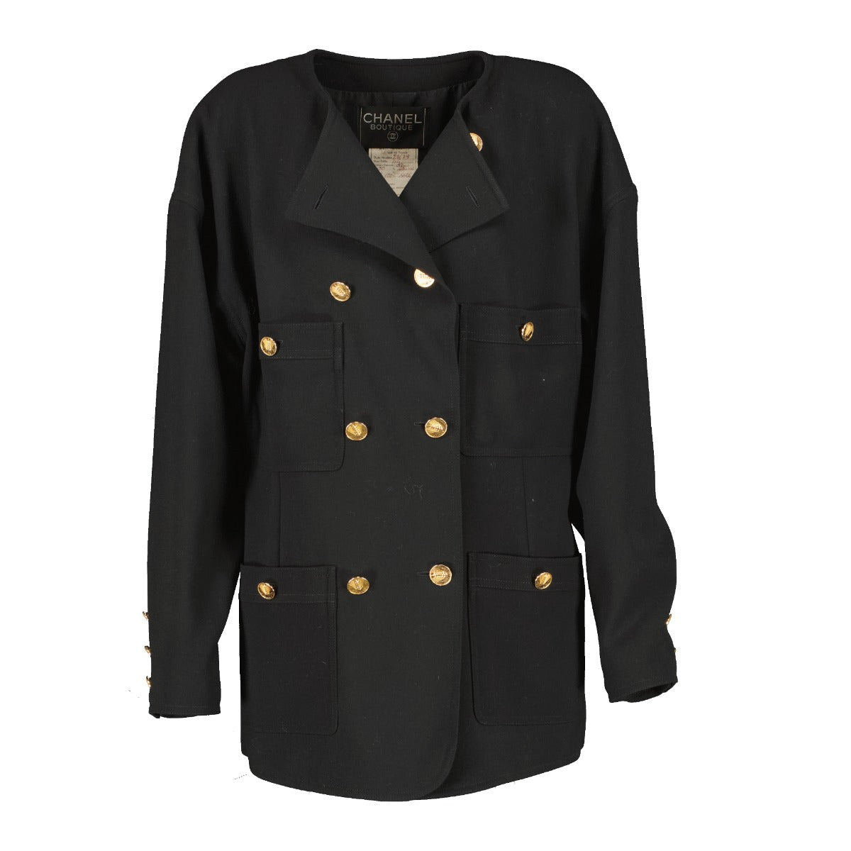Chanel Vintage 1980s Black Wool Gold Wheat Button Jacket
