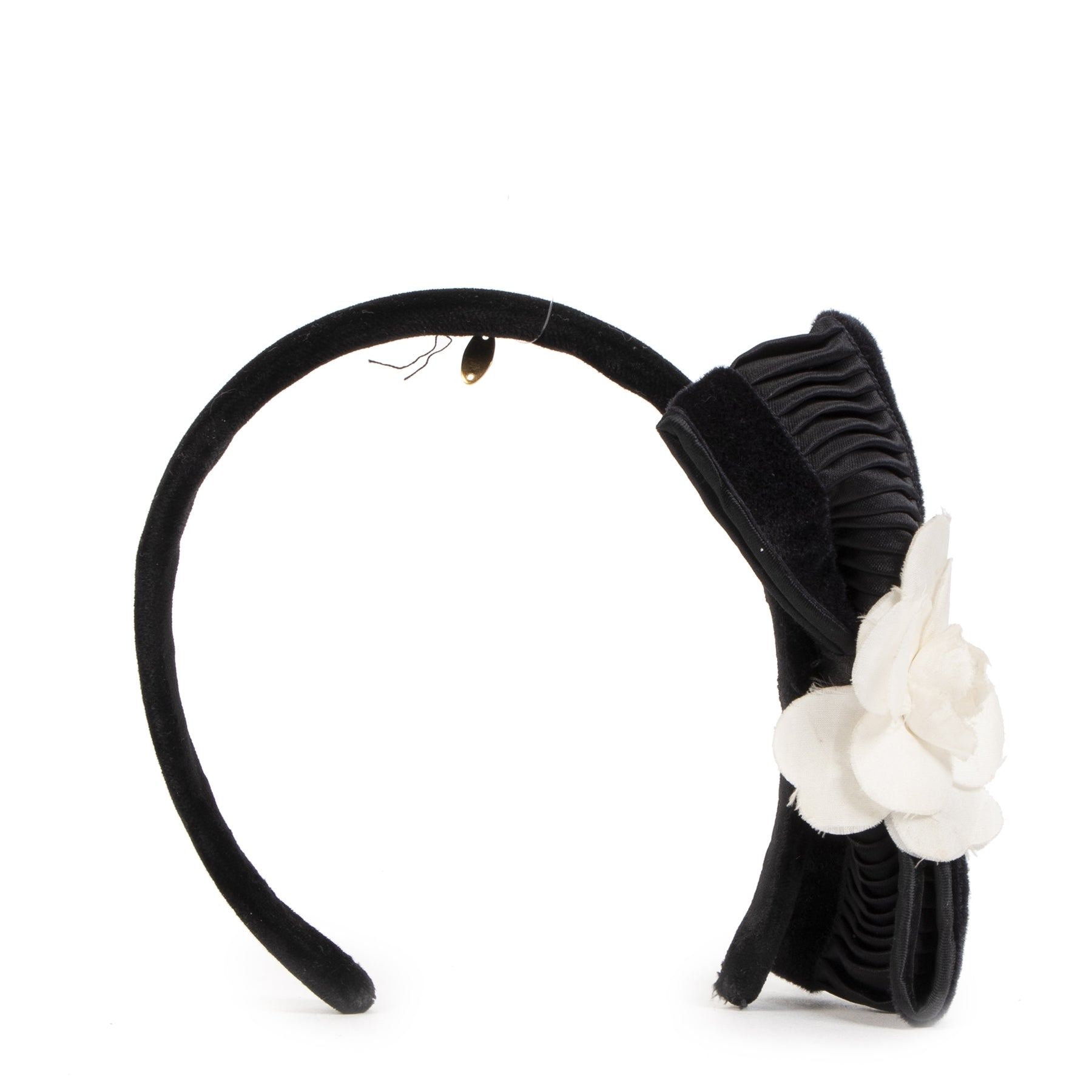 Koop Authentieke Tweedehands Chanel Black Velvet Camellia Bow Headband juiste prijs veilig online shoppen luxe merken webshop winkelen Antwerpen België mode fashion
