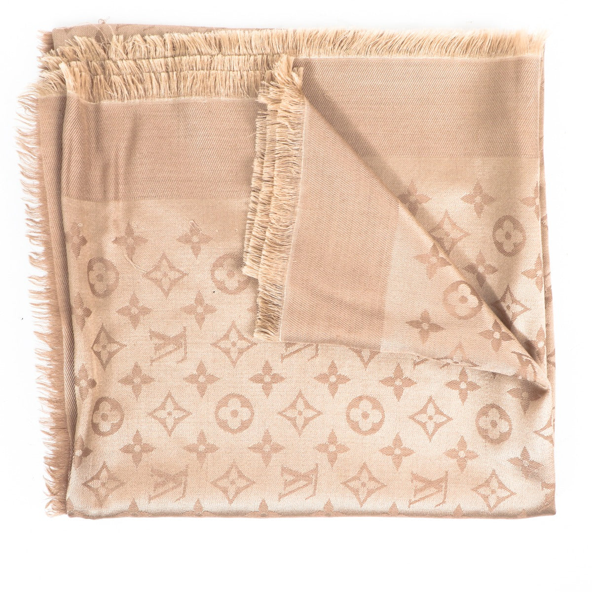 Buy an authentic second-hand Louis Vuitton Ecru Silk Wool Monogram Scarf in very good condition at Labellov in Antwerp.