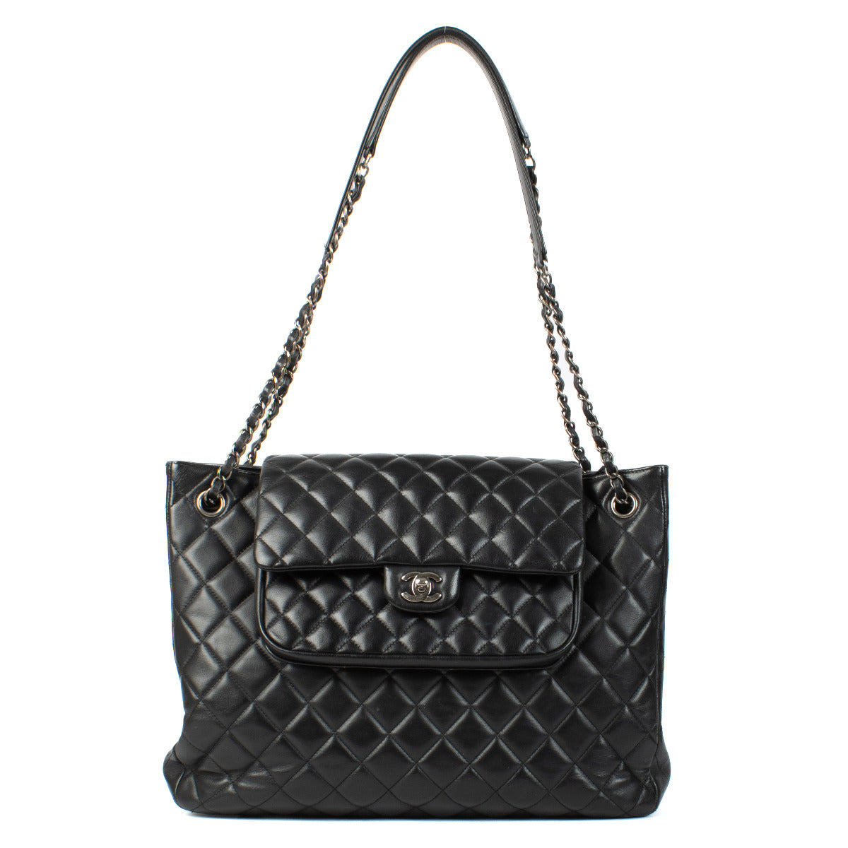 Chanel Paris-Edinburgh Black Lambskin Front Flap Pocket Tote Bag
