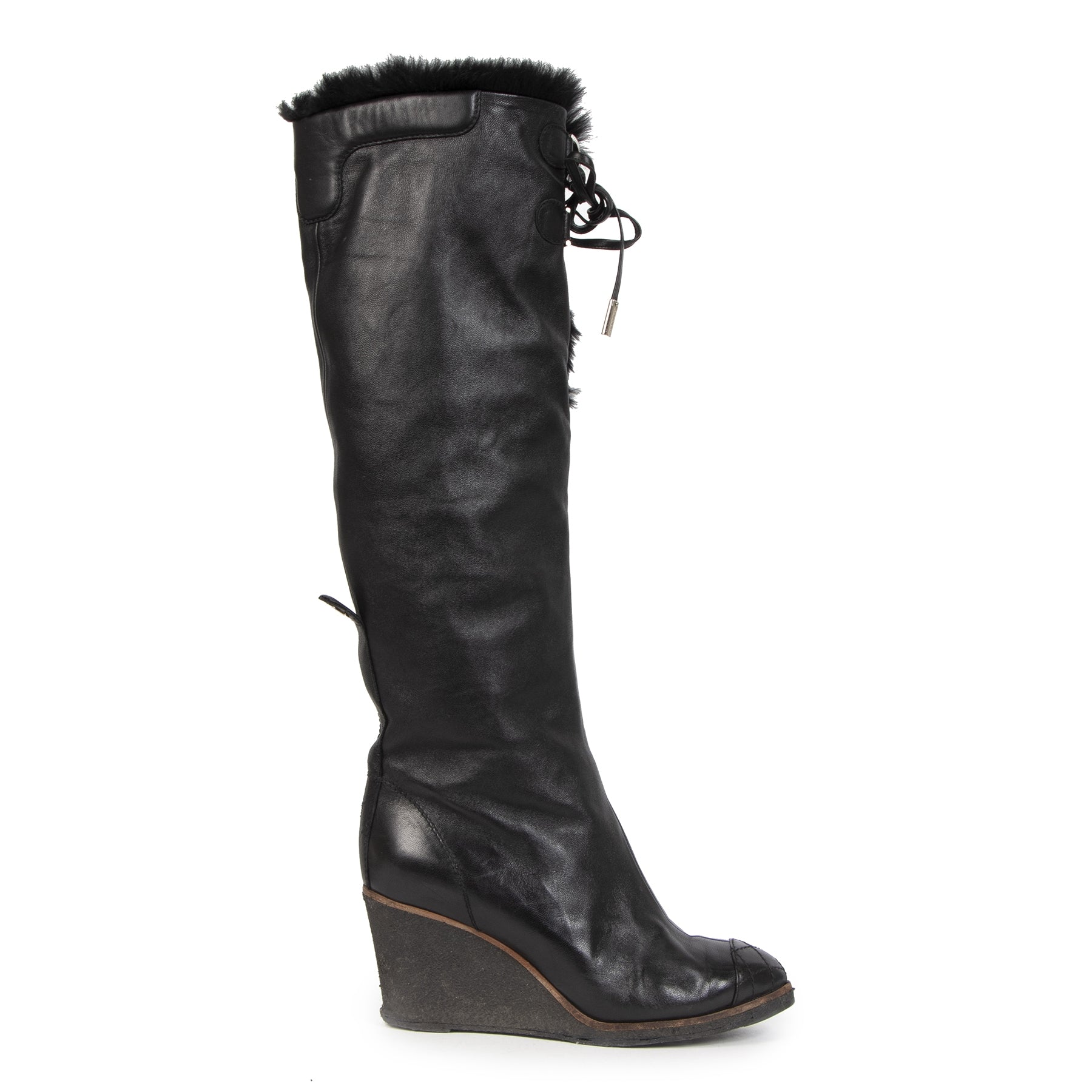 Chanel Black Leather Fur-Lined Wedge Boots - 37,5