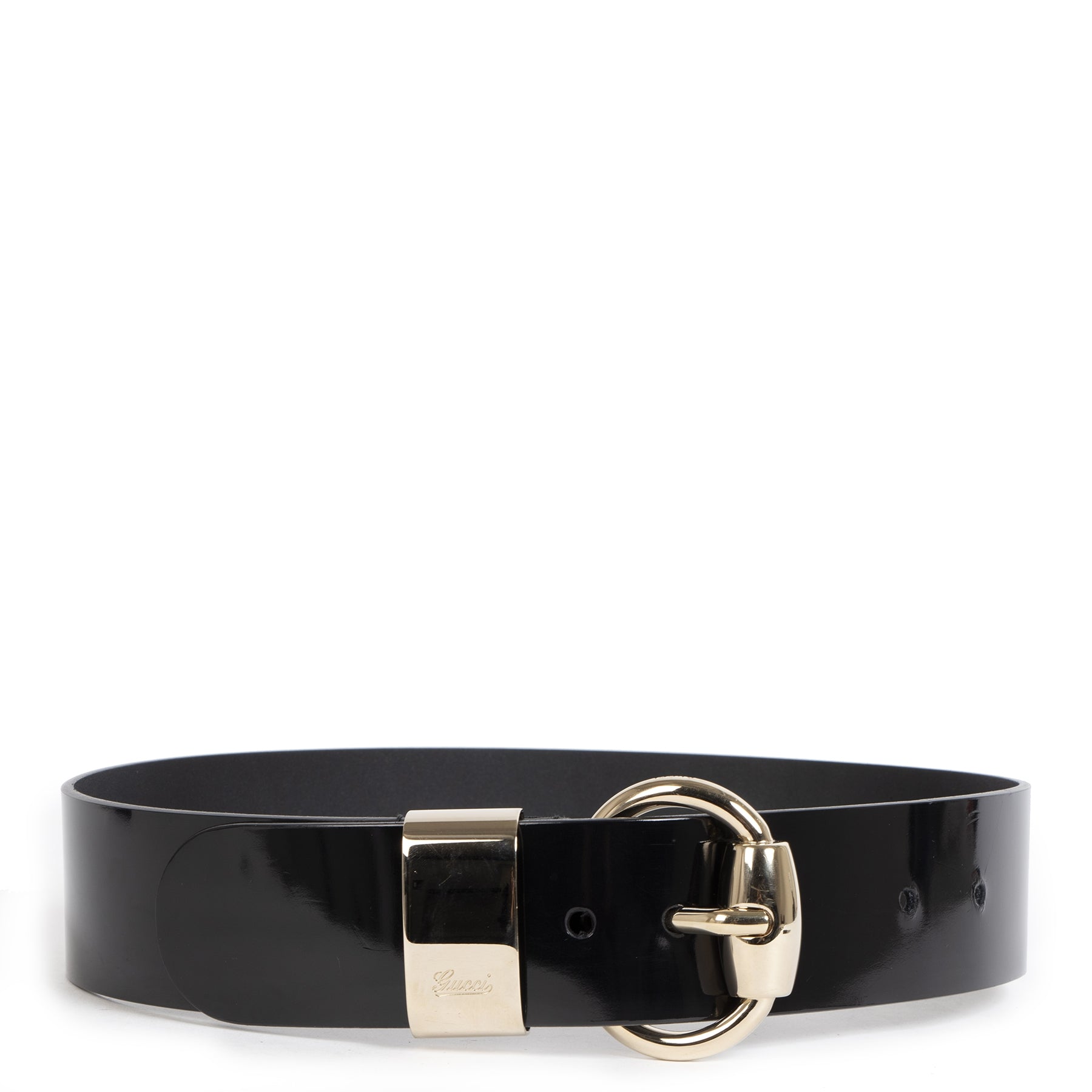 Authentic second-hand vintage Gucci Patent Leather Horse Bit Belt - Size 85 buy online webshop LabelLOV