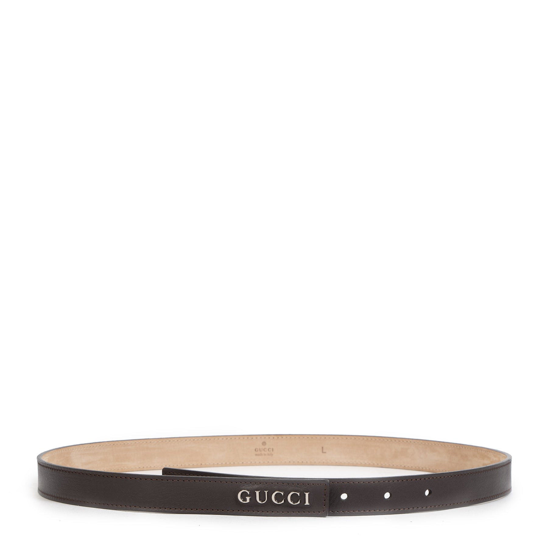 Authentieke tweedehands vintage Gucci Brown Belt Logo - Size L koop online webshop LabelLOV