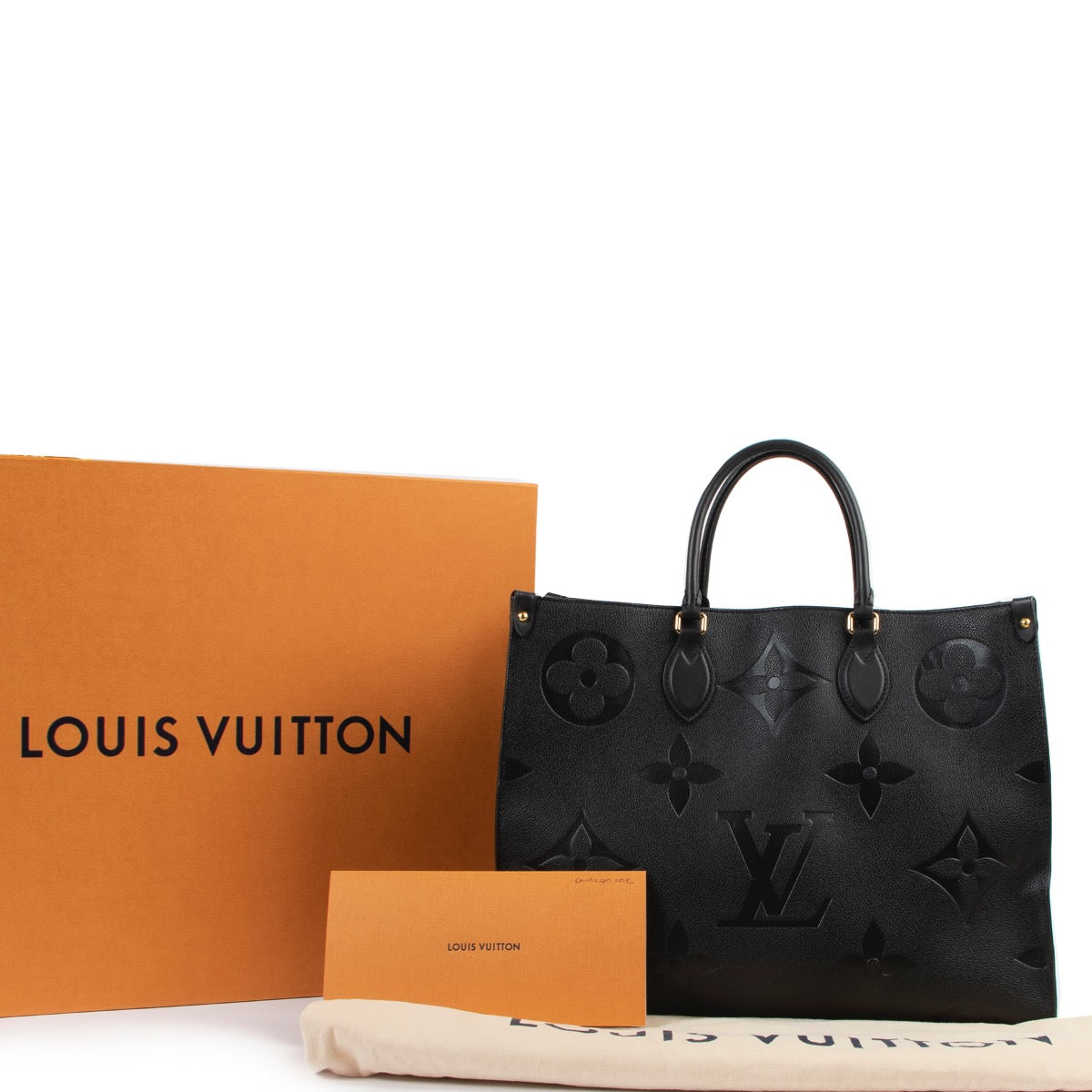Shop safe online 100% authentic second hand Louis Vuitton Black Monogram Empreinte Onthego GM Top Handle in very good condition at the right price at Labellov in Antwerp.