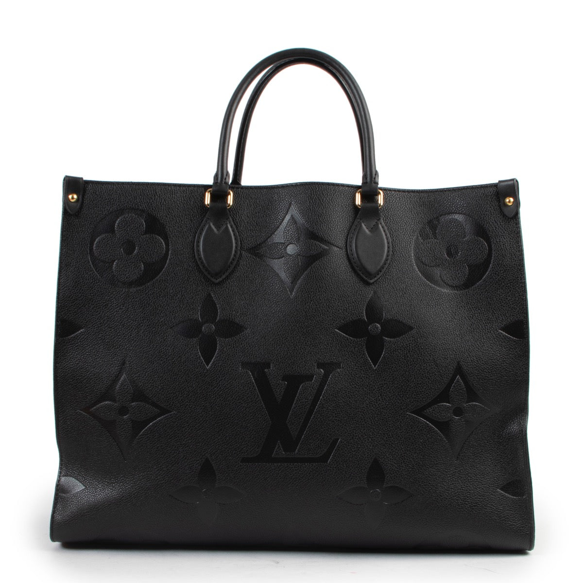 Shop safe online 100% authentic second hand Louis Vuitton Black Monogram Empreinte Onthego GM Top Handle in very good condition at the right price at Labellov in Antwerp.