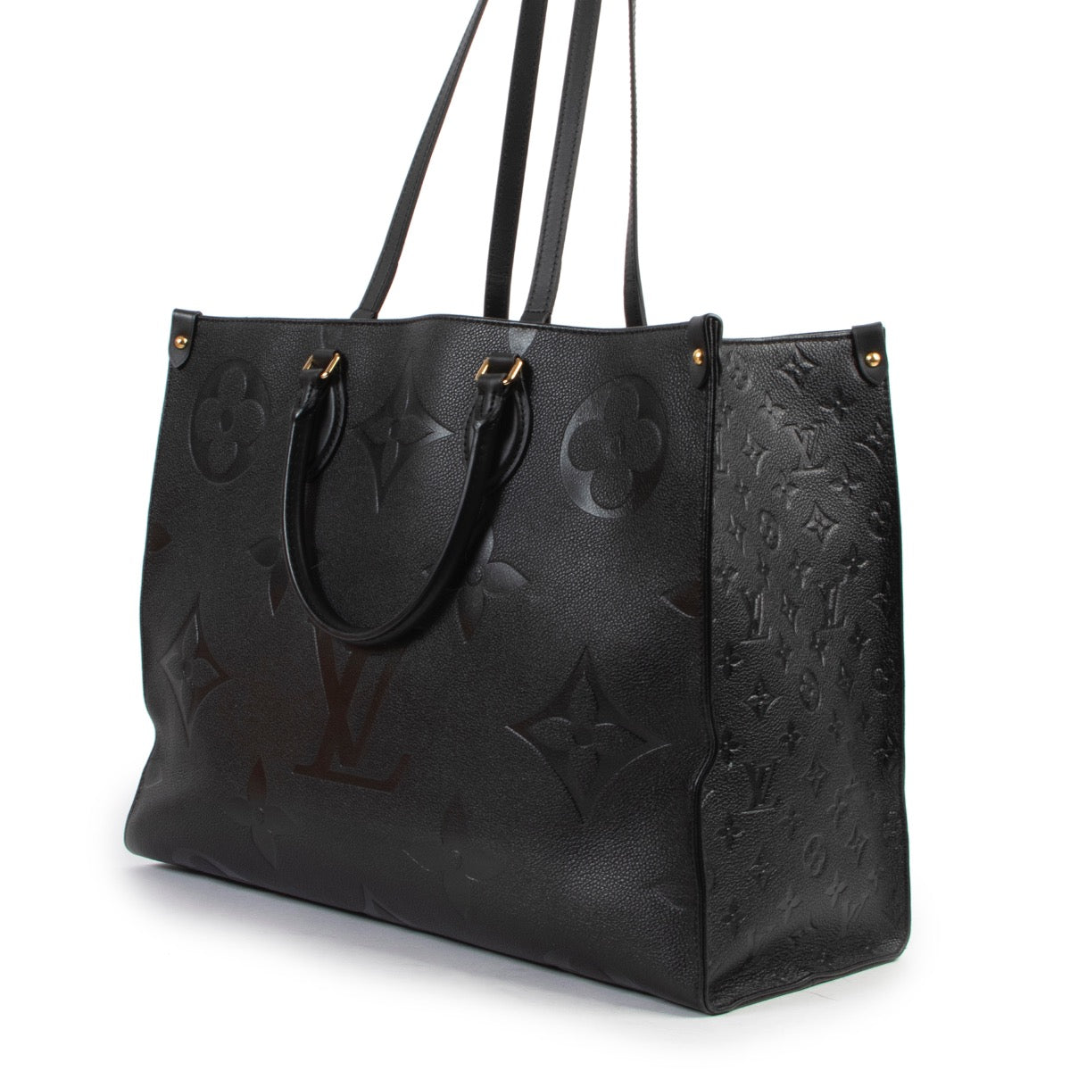 Shop safe online 100% authentic second hand Louis Vuitton Black Monogram Empreinte Onthego GM Top Handle in very good condition at the right price at Labellov in Antwerp.