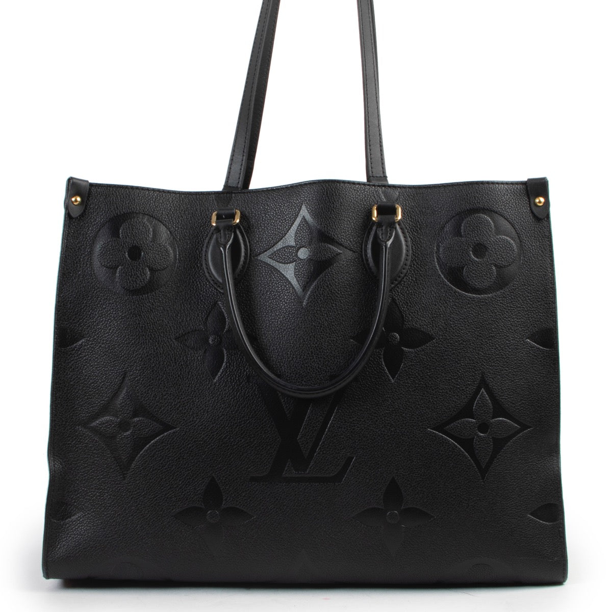 Shop safe online 100% authentic second hand Louis Vuitton Black Monogram Empreinte Onthego GM Top Handle in very good condition at the right price at Labellov in Antwerp.
