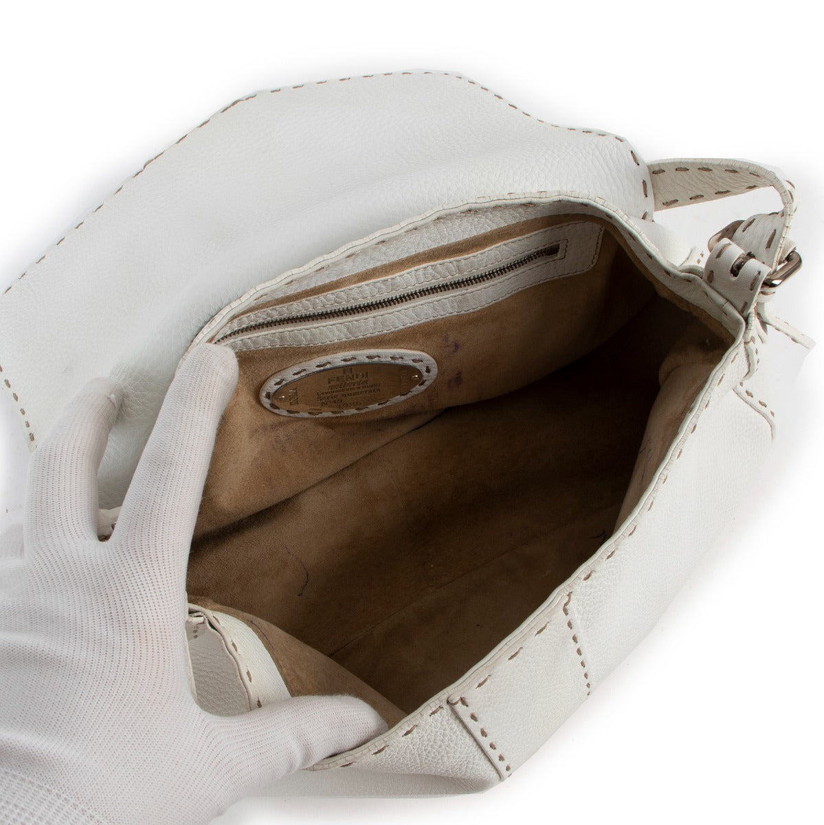 Sac Baguette Fendi Selleria en Cuir Romain Blanc