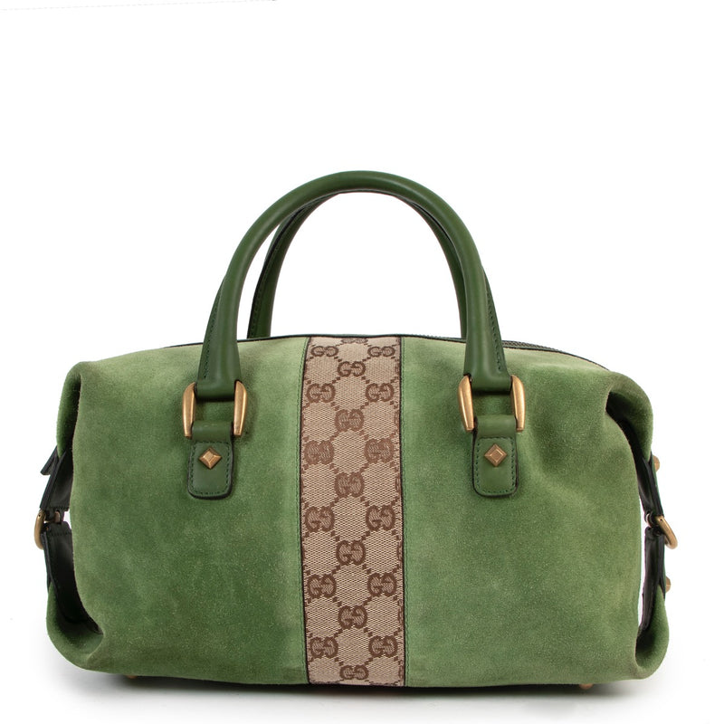 Shop safe online at Labellov in Antwerp this 100% authentic second hand Gucci Green Suede Boston Top Handle