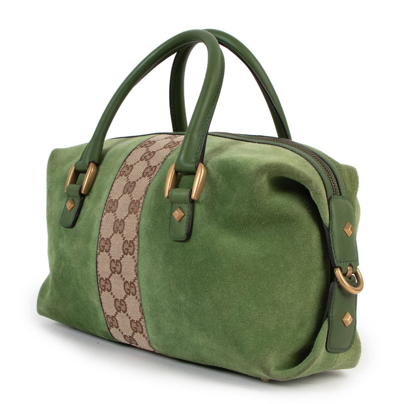 Shop safe online at Labellov in Antwerp this 100% authentic second hand Gucci Green Suede Boston Top Handle