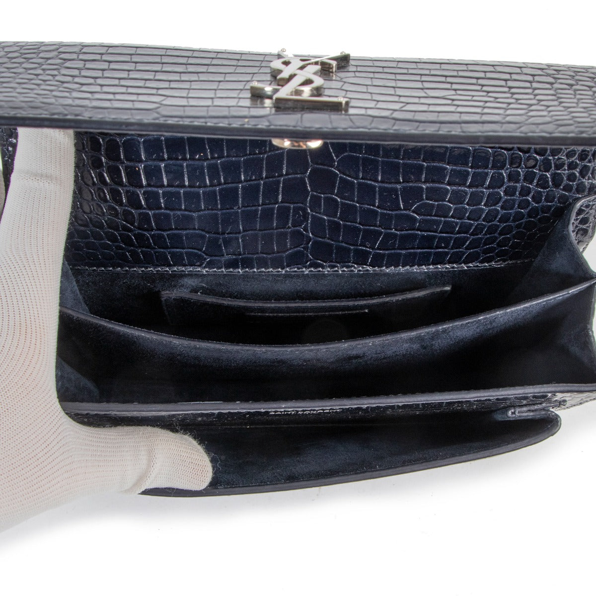Sac à chaîne moyen Sunset Saint Laurent en cuir embossé croco bleu marine