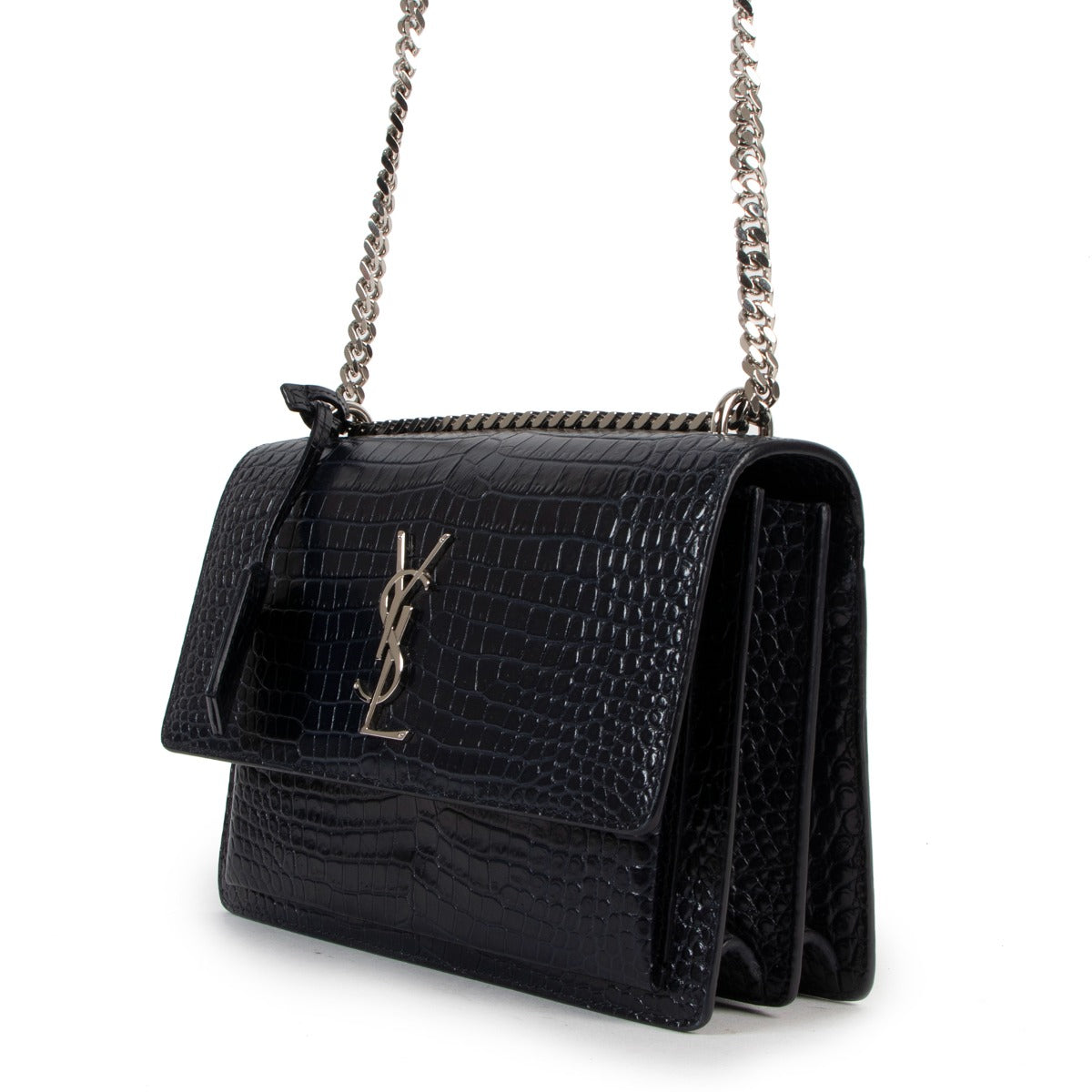 Sac à chaîne moyen Sunset Saint Laurent en cuir embossé croco bleu marine
